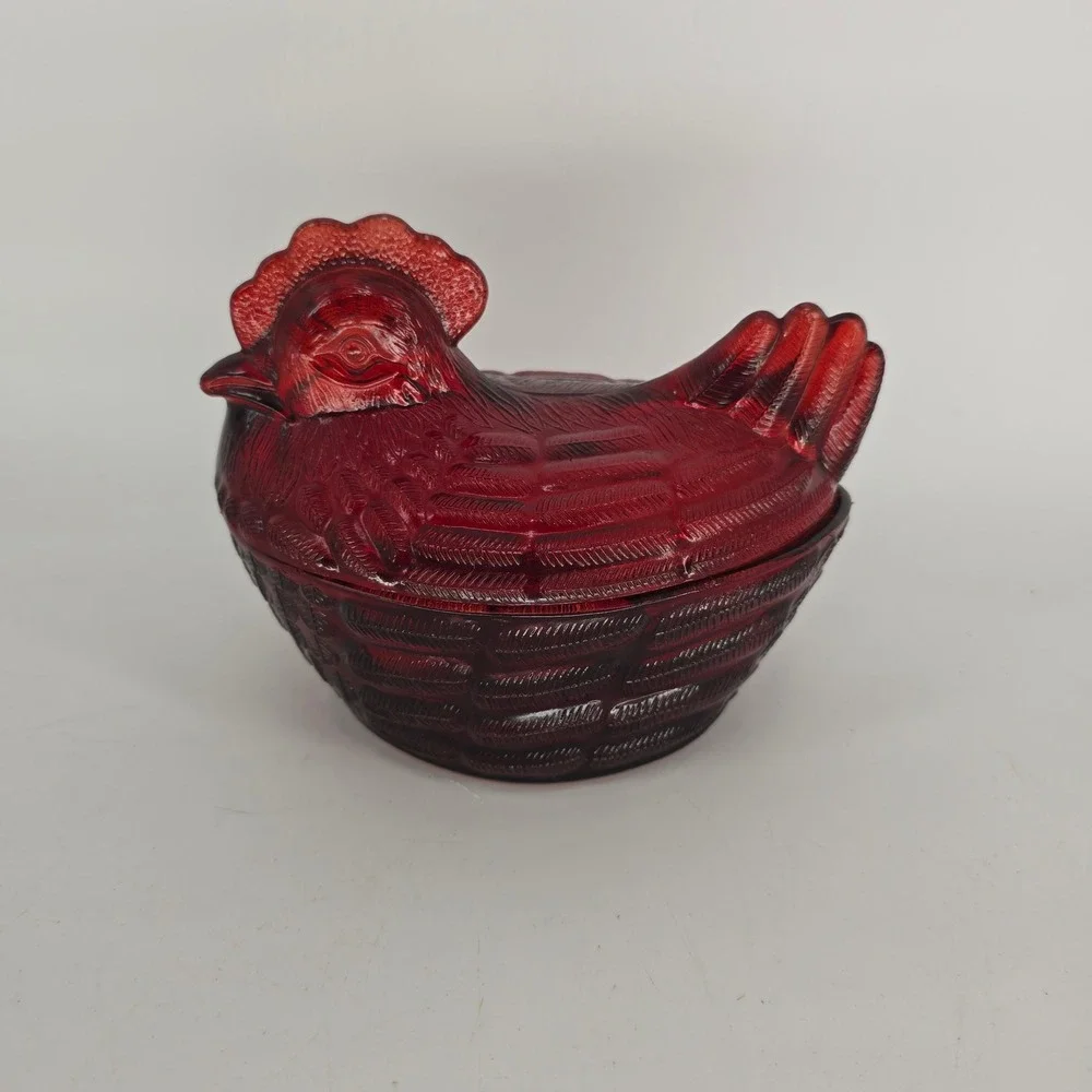 Vintage Cracker Barrel Red Glass Hen on Nest Covered Candy Dish
